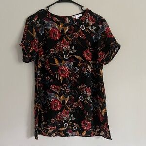 DR2 Fall Floral Black, Maroon, and Gold Short Sleeve Dressy Blouse